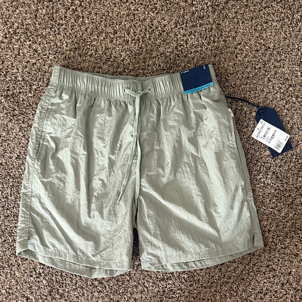 Men’s Nordstrom Light Green Drawstring Swim Trunks Small with Compression Liner
